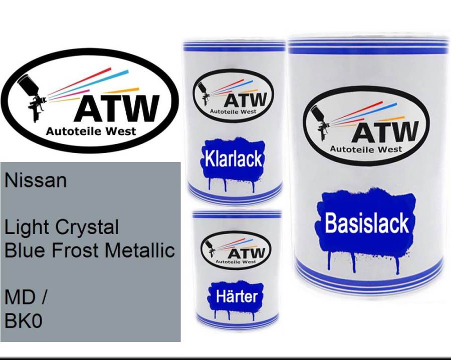 Nissan, Light Crystal Blue Frost Metallic, MD / BK0: 500ml Lackdose + 500ml Klarlack + 250ml Härter - Set, von ATW Autoteile West.